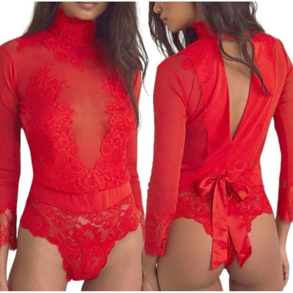 Hot As Hell HAH Reversible Take HAH Bow Bodysuit Red Lace Mesh Mock Neck NWT‎ S
